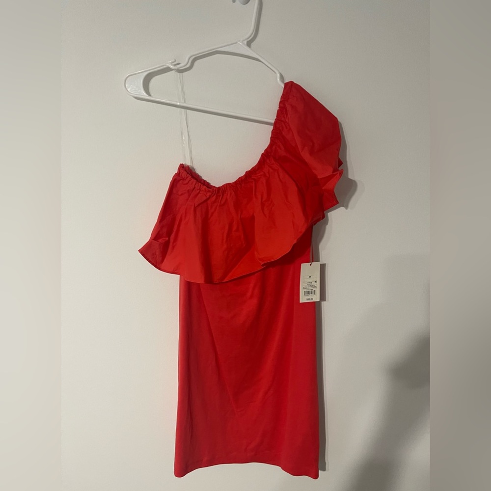 Red one sleeve ruffle dress